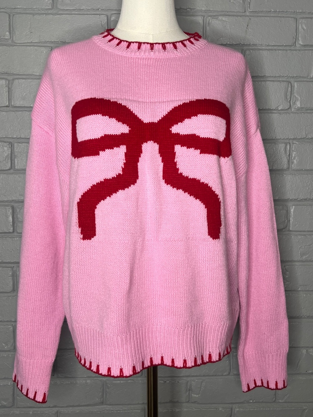 Pink Long Sleeve Sweater with Red Bowknot and Red Stitching Size Medium